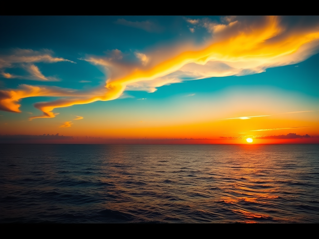 Generate a high-resolution image of a vibrant sunset over a calm ocean, with a wide-angle view, using a DSLR camera at f/11, ISO 100, and a shutter speed of 1/60 seconds for optimal depth and clarity.