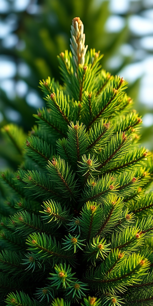 Create a realistic image of a lush green pine tree with vibrant texture and detail, captured using a DSLR camera at f/2.8 aperture, 50mm lens, natural lighting, and a shallow depth of field for enhanced focus on the tree.