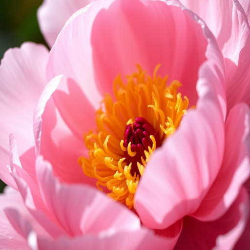 Close-up shot of a peony flower with soft pink petals and vibrant yellow stamen, natural lighting, shallow depth of field, DSLR camera, 50mm lens, aperture f/2.8, ISO 100.