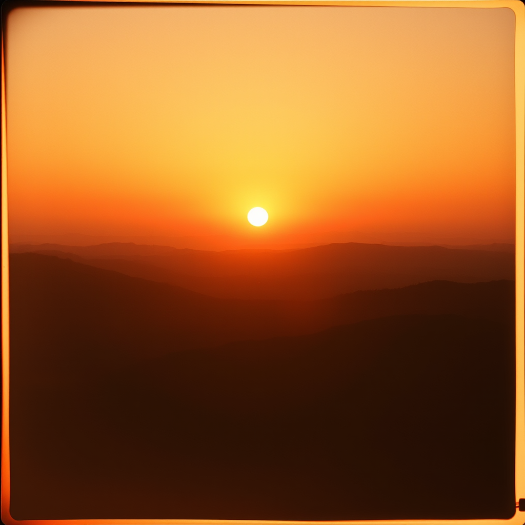 create a smooth gradient landscape at sunset with rounded hills and a large sun in warm earthy tones, shot with a Canon EOS R5 at f/8, 1/60s, ISO 200, wide-angle lens, top-down view, soft focus for a vintage aesthetic