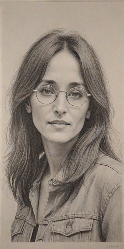 Dazzling Joan Baez, pencil sketch, portrait of Radiant woman 1967s in glasses, hair style beatnik, outline, clear lines, fine lines, 8k