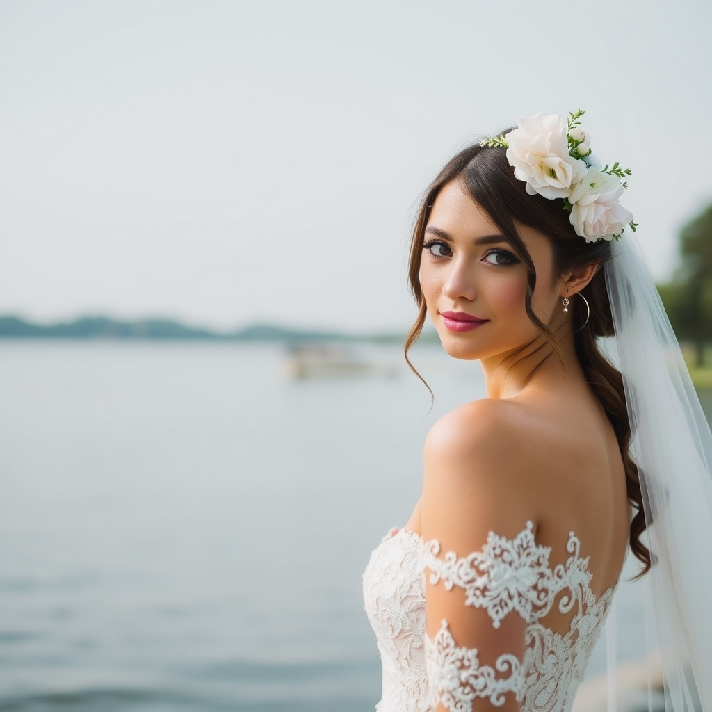 water front lake scene, bridal model, delicate lace gown, floral headpiece, soft romantic focus, high-key lighting and an 85mm lens for soft, even tones that highlight the model’s face and bright outfit against a white or light background