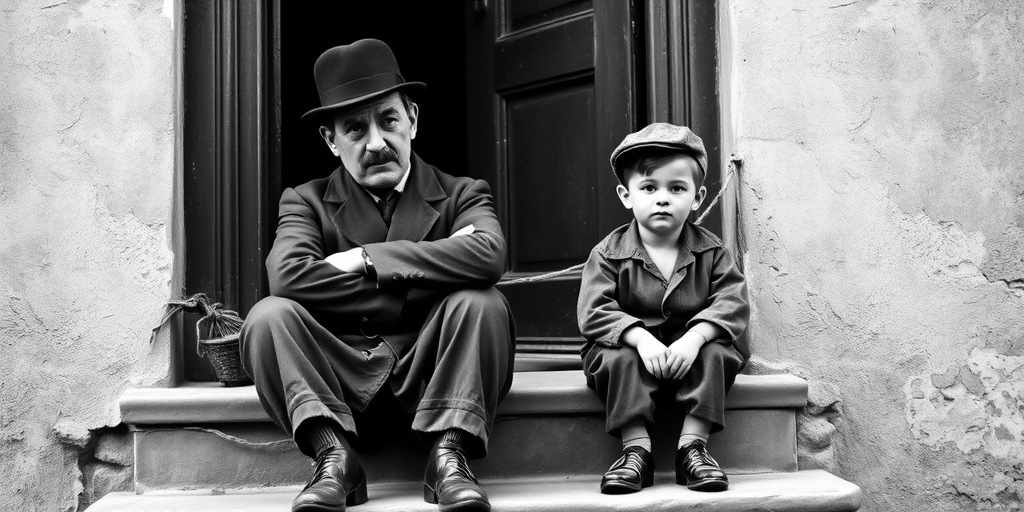 A black-and-white photograph of a man and a child sitting on steps in front of a doorway. The man is dressed as a tramp with a bowler hat, mustache, and ragged clothes, reminiscent of Charlie Chaplin's iconic look. He is sitting with his arms crossed and an expression of slight sadness or frustration. Next to him is a young boy, also in worn clothes and a cap, sitting with his hands clasped, looking thoughtful. The background is an old, textured wall and a partially open door, creating a vintage, early 20th-century atmosphere.