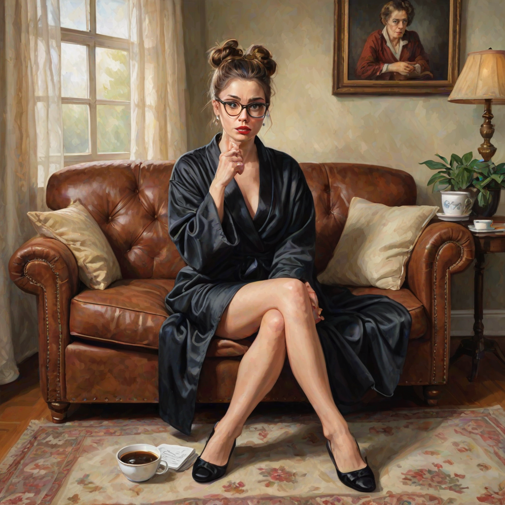 The words ‘Professional Overthinker’ (exact spelling) An exaggerated whimsical illustration of a cute silly lady with unruly messy brown bun and black glasses pouty lips and a thinking expression. Shes sitting on the couch, legs folded wearing a black silk robe, black fuzzy slippers. She’s holding her coffee cup and making a deep-in-thought face.  A quirky scruffy cat (dog) looking at her against a mottled, oil painting style soft background living room setting.