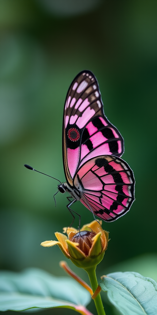Create a high-resolution image of a pink and black butterfly with intricate patterns, captured from a close-up angle using a DSLR camera with a 50mm lens, f/2.8 aperture, ISO 100, and natural light for enhanced detail and vibrancy.