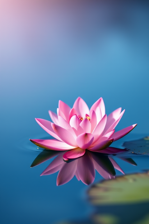 Create a high-resolution digital illustration of a pink water lily on a tranquil blue background, with a soft focus effect, using a DSLR camera with a 50mm lens, aperture set to f/2.8 for shallow depth of field, ISO 100, and natural light to enhance colors and details.