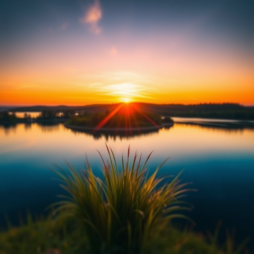 Create a vibrant sunset over a serene lake, using a Canon EOS R5 with a 24-70mm f/2.8 lens, f/8 aperture, ISO 100, 1/125 sec shutter speed, landscape perspective, and soft focus to enhance colors and details.