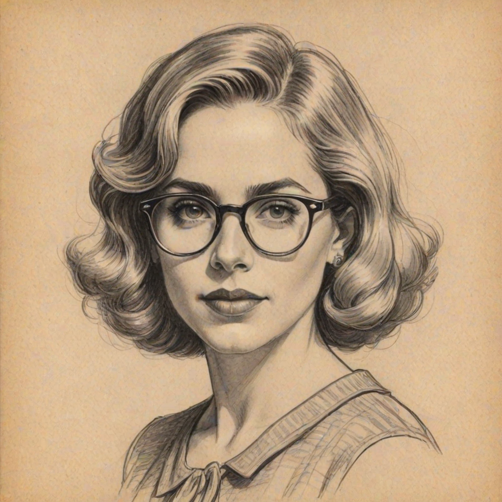 Charming Kerry Butler, pencil sketch, portrait of Bewitching woman 1930s in glasses, hair style beatnik, outline, clear lines, fine lines, 8k