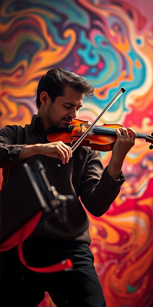 Create a high-resolution image of a violinist passionately playing on a vibrant background of swirling colors and abstract shapes, shot with a Canon EOS R5, 50mm lens, aperture f/1.8, ISO 100, in a dramatic low-angle view to enhance the intensity of the performance.