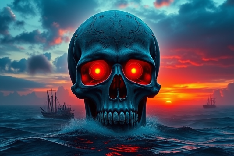 Create a digital artwork of a massive skull emerging from the ocean at sunset, with glowing orange eyes, surrounded by mist and ships in the background, shot with a DSLR camera at f/2.8, ISO 100, 24mm lens, using a wide-angle perspective and HDR imaging for enhanced detail and vibrant colors.