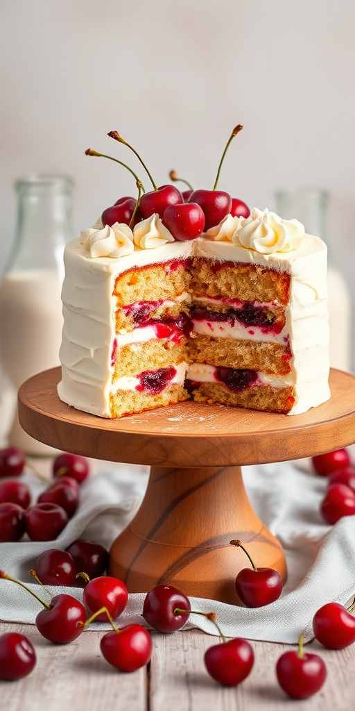 A beautifully layered cake with creamy frosting and cherry filling served on a wooden cake stand garnished with fresh cherries and set against a soft neutral background with milk bottles in the scene.