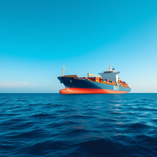 Regenerate an image of a large cargo ship in calm blue waters, shot with a Canon EOS 5D Mark IV, 50mm lens, aperture f/8, ISO 100, shutter speed 1/200s, from a low angle to emphasize the ship's size and details, with a clear sky in the background.