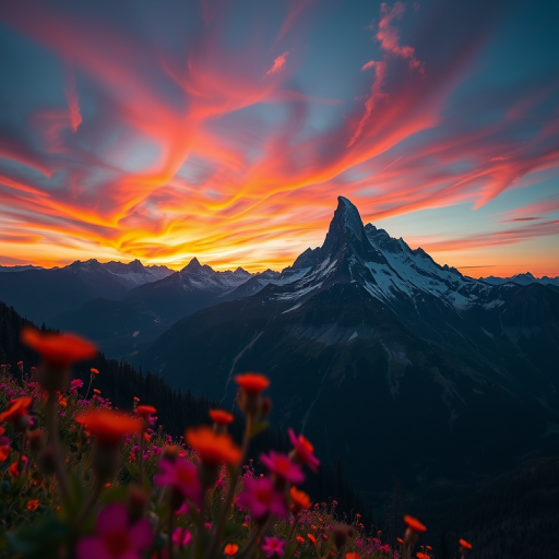 Create an image of a majestic mountain landscape during sunrise with vibrant colors in the sky, focus on foreground flowers, camera settings: ISO 100, aperture f/8, shutter speed 1/250s, camera view: wide-angle shot, camera style: HDR, camera type: DSLR.