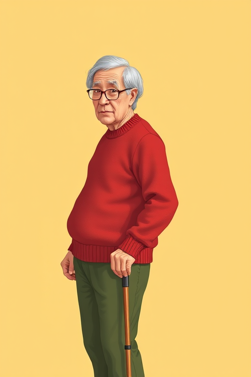 Create an illustration of an elderly man with gray hair wearing a red sweater and green pants, using a cane, standing in a slight forward lean against a soft yellow background, shot with a DSLR camera at f/4, ISO 100, 50mm lens, natural lighting for enhanced clarity and color.