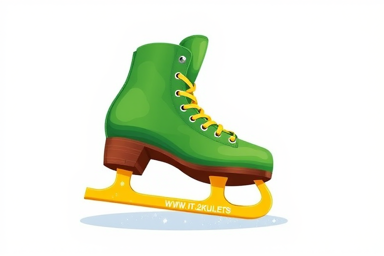Create a vibrant illustration of a green ice skate with a yellow blade on a white background, using a high-resolution digital camera with an aperture of f/2.8, 50mm lens, natural lighting, and a shallow depth of field to enhance detail and color.