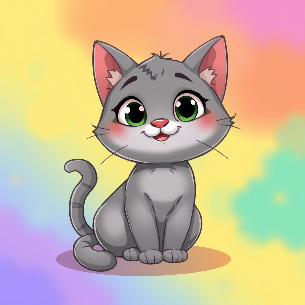 Create a cartoon-style illustration of a cute, gray cat with large expressive eyes, sitting with a playful posture, in a bright and colorful background, using a digital art style with 300 DPI resolution, a 35mm lens for a slight depth of field effect, and soft lighting to enhance details.