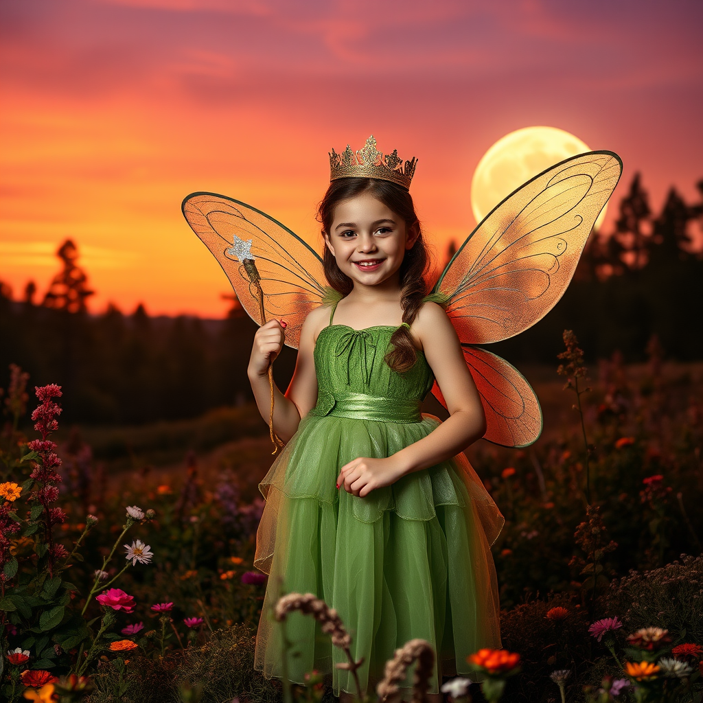 A vivid photo  taken under a bright camera flash of a fantastical scene set against a backdrop of a forest during sunset. The main subject is a girl dressed as a fairy, adorned with translucent wings and a green dress, holding a wand, her face is happy, and she wears a crown on her head. The forest behind her is a blend of flowers, shrubs and trees. The sky is painted in hues of orange and pink, with a large, glowing moon casting a warm glow over the scene. The overall color palette is dominated by earthy tones.