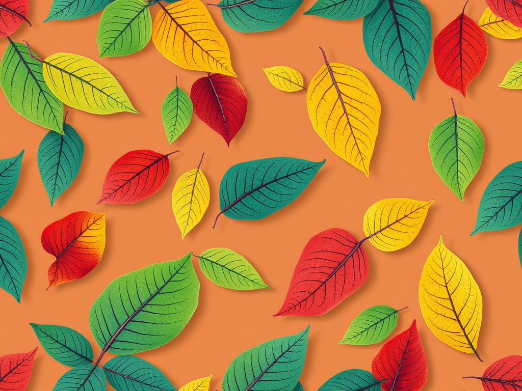 Create a seamless pattern of colorful leaves with intricate line details on a soft brown background, captured with a Canon EOS R5, 50mm lens, f/2.8 aperture, 1/125 sec shutter speed, in natural lighting for vibrant colors and sharp details.