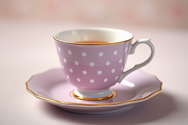 Regenerate a digital illustration of a lavender polka-dotted teacup on a beige saucer, using a Canon EOS 5D Mark IV camera with a 50mm lens, f/1.8 aperture, ISO 100, and a shallow depth of field to create a soft background blur for enhanced focus on the teacup.
