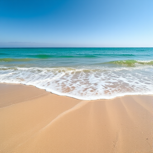 generate a high-resolution beach scene with gentle waves lapping at the shore, capture a serene coastal landscape in daylight with a wide-angle view, use an aperture of f/8, ISO 100, shutter speed of 1/200s, and a DSLR camera for vibrant colors and sharp detail.
