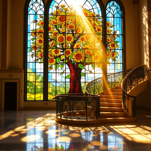 A stained glass window featuring a large, vibrant tree with blooming sunflowers as its focal point. The sunlight passes through the glass, casting multicolored shadows across the floor and a grand, curved staircase with ornate iron railings. The overall ambiance is warm, with golden sunlight enhancing the vivid colors of the stained glass, creating a serene and artistic atmosphere in a spacious room with polished marble floors. The scene is elegant and peaceful, with a blend of nature and architectural beauty.