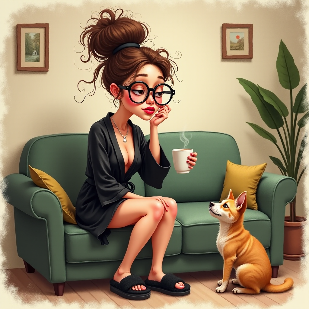 The words ‘Professional Overthinker’ (exact spelling) An exaggerated whimsical illustration of a cute silly lady with unruly messy brown bun and black glasses pouty lips and a thinking expression. Shes sitting on the couch, legs folded wearing a black silk robe, black fuzzy slippers. She’s holding her coffee cup and making a deep-in-thought face.  A quirky scruffy cat (dog) looking at her against a mottled, oil painting style soft background living room setting.