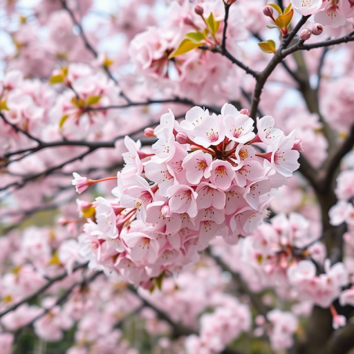 Generate a high-resolution image of a cherry blossom tree in full bloom, using a DSLR camera with a 50mm lens, aperture set to f/2.8, ISO 100, and a focus on vibrant colors and detailed textures, capturing the tree in a natural outdoor setting with soft lighting.