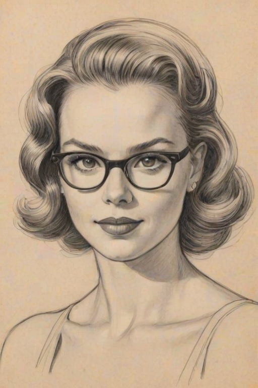 Bewitching Amiee Teegarden, pencil sketch, portrait of Fetching woman 1948s in glasses, hair style beatnik, outline, clear lines, fine lines, 8k