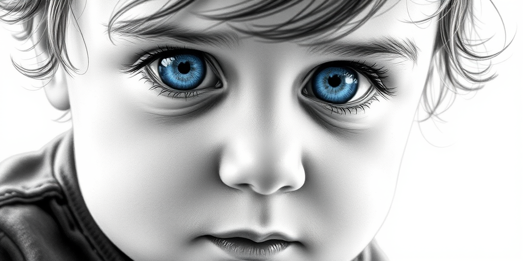 A hyperdetailed photorealistic black and white sketch of a beautiful toddler with deep blue eyes, with a macro focus