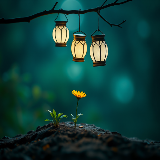 A serene scene featuring three glowing lanterns hanging from a branch, softly illuminating a solitary yellow flower growing on a rocky surface, surrounded by a mystical green ambient background, captured with a DSLR camera at f/2.8, ISO 100, 50mm lens, using a shallow depth of field and soft focus for enhanced image quality.