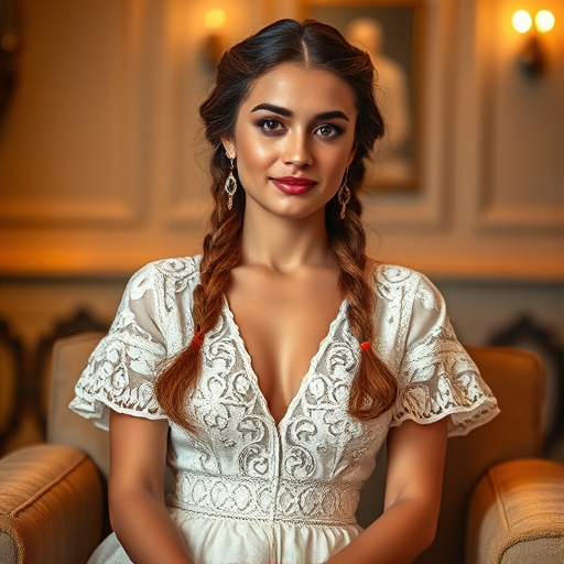Create a portrait of a refined and elegant Kurdish woman seated in a sophisticated setting. She has long, wavy hair styled in two thick braids that are pulled over her shoulders. She wears a white, lace gown with intricate patterns, featuring a deep V-neckline and short sleeves. The dress exudes a vintage charm with its delicate lacework. She is adorned with ornate, dangling earrings that add a touch of glamour to her appearance. The background is softly lit, with warm, ambient lighting that creates a cozy and inviting atmosphere. Her expression is poised and serene, capturing a sense of grace and elegance.