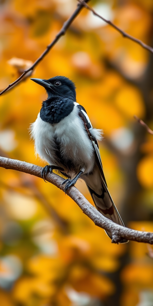 A magpie perched on a tree branch with blurred autumn leaves in the background, captured with a Canon EOS 90D, 50mm lens, aperture f/2.8, ISO 200, shutter speed 1/250, natural light, shallow depth of field.