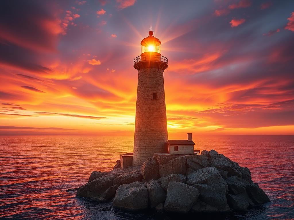 Generate an image of a tall lighthouse perched on a rocky outcrop surrounded by calm ocean waters during a breathtaking sunset. The lighthouse stands sturdy and weathered, its stone surface illuminated by the warm golden light of the setting sun. The sun's rays pass directly through the glass lantern room at the top of the lighthouse, casting a brilliant light across the scene. The sky is painted with vibrant shades of orange, pink, and purple, reflecting off the tranquil sea. The surrounding water shimmers with the same warm hues, creating a serene and majestic atmosphere.