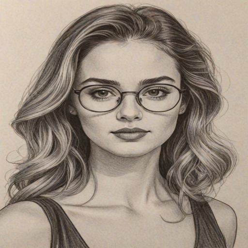 Delightful Addison Rae, pencil sketch, portrait of Bewitching woman 1979s in glasses, hair style beatnik, outline, clear lines, fine lines, 8k
