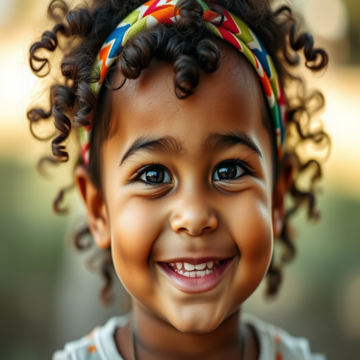 Portrait of a smiling young child with curly hair wearing a colorful headband, soft focus background, natural light, 85mm lens, f/1.8 aperture, ISO 100, shallow depth of field, high dynamic range.