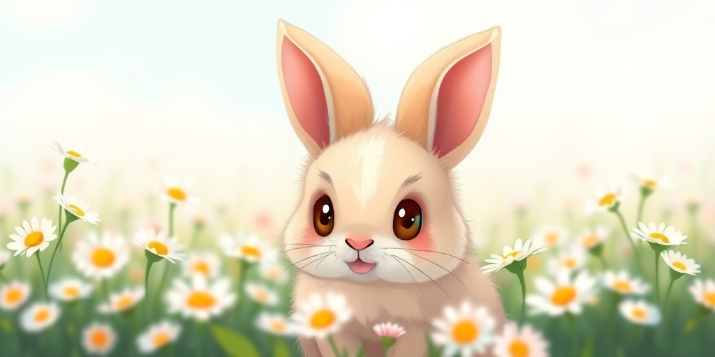 a cute fluffy rabbit with large eyes sitting in a field of daisies, soft pastel colors, shallow depth of field, 50mm lens, f/1.8 aperture, natural lighting, portrait orientation, digital illustration style
