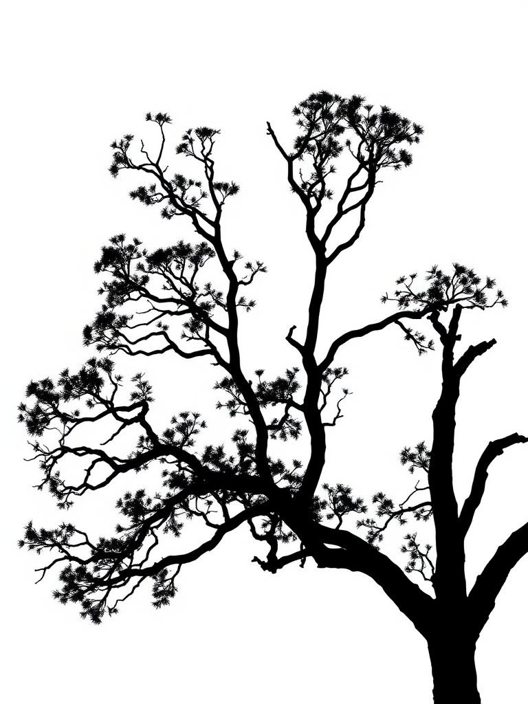 Create a high-resolution image of a simple black silhouette of a tree on a white background, taken with a DSLR camera at f/8 aperture, ISO 200, and a focal length of 50mm, using a standard lens for sharpness and clarity.