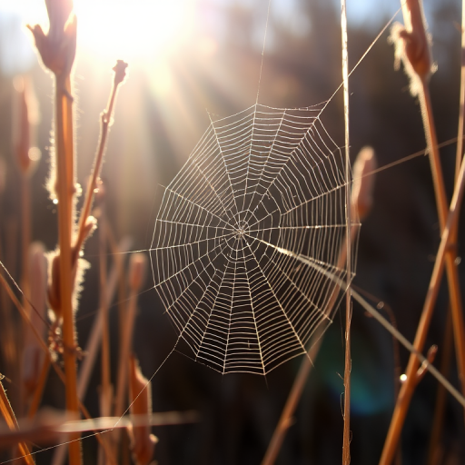 Close-up of a spider web glistening in sunlight among dried grasses, shot with a 85mm lens at f/2.8, ISO 200, 1/200 sec shutter speed, natural soft lighting, macro photography style, DSLR camera.