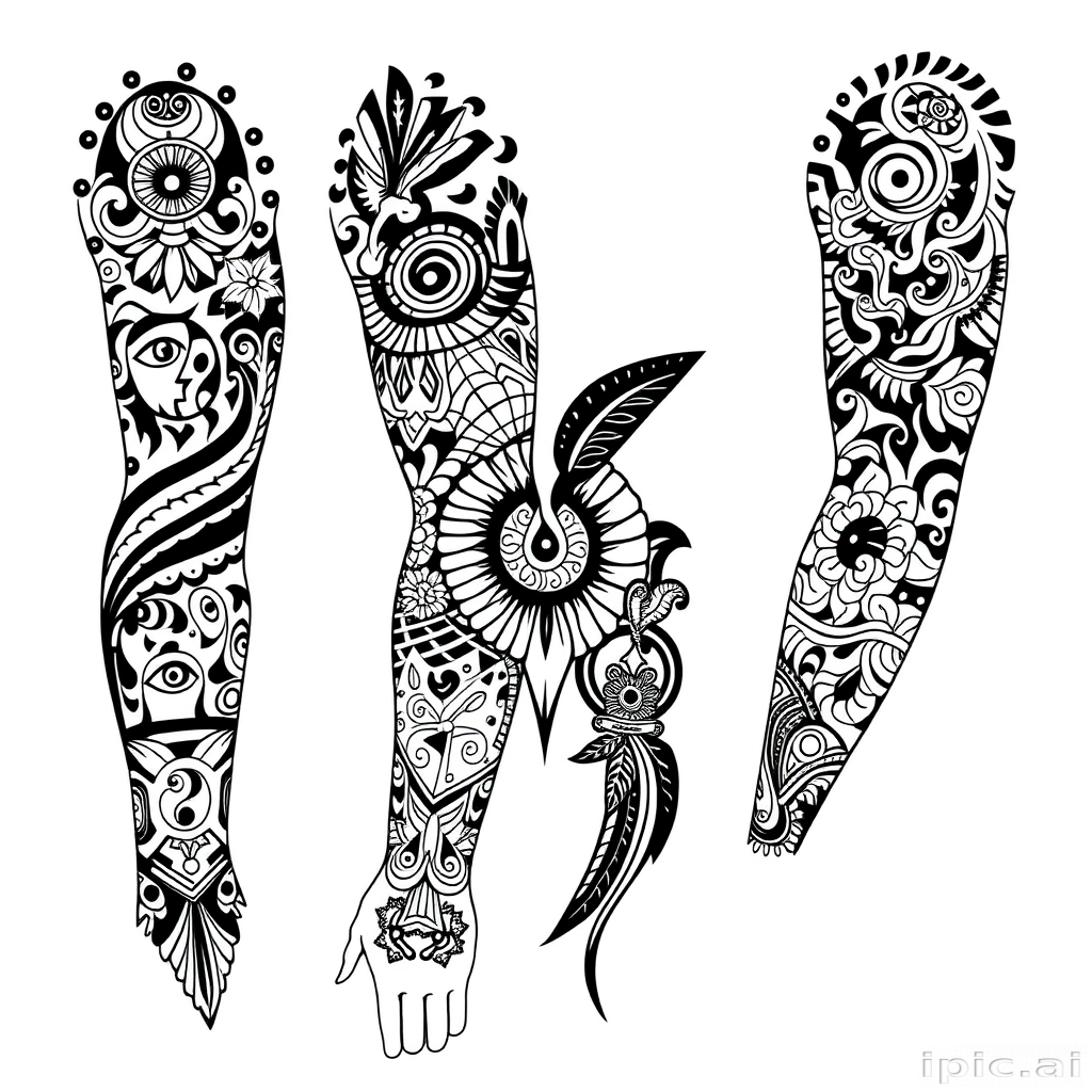 Tribal-inspired blackwork tattoo featuring intricate Polynesian-style patterns and symbols, woven together to form a cohesive full-sleeve design with bold negative space