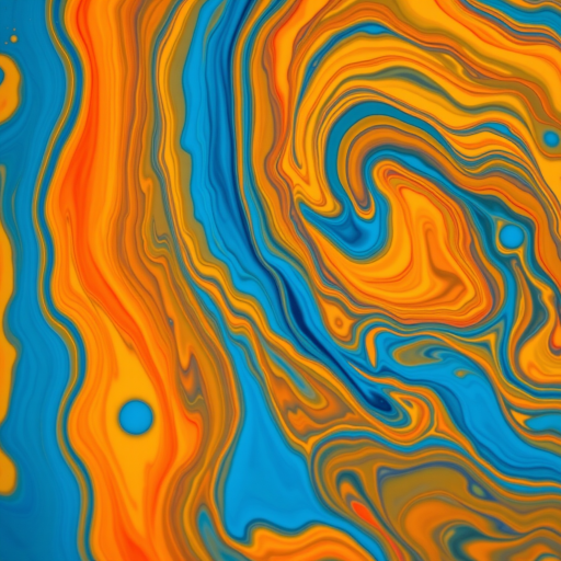 Create a vibrant abstract fluid art piece with swirling colors of blue, yellow, orange, and red, captured with a Canon EOS R5 at f/8, 1/125s, ISO 100, macro lens for close-up detail and vivid texture, use natural soft lighting and a slight overhead angle for depth.