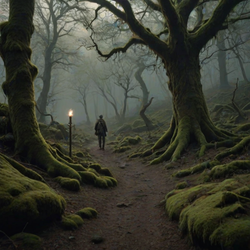 A lone explorer walking on a stone path in the forest, with a gnarled tree with sparse leaves on the left and a dense grove covered in moss and vegetation on the right. In the distance, a figure holding a torch, dressed in dark clothes, is barely visible in the dim light. The scene is enveloped in a quiet and mysterious atmosphere, evoking a sense of venturing into the unknown. High quality image, intricate details, sharp focus, dramatic lighting, photorealistic painting style.