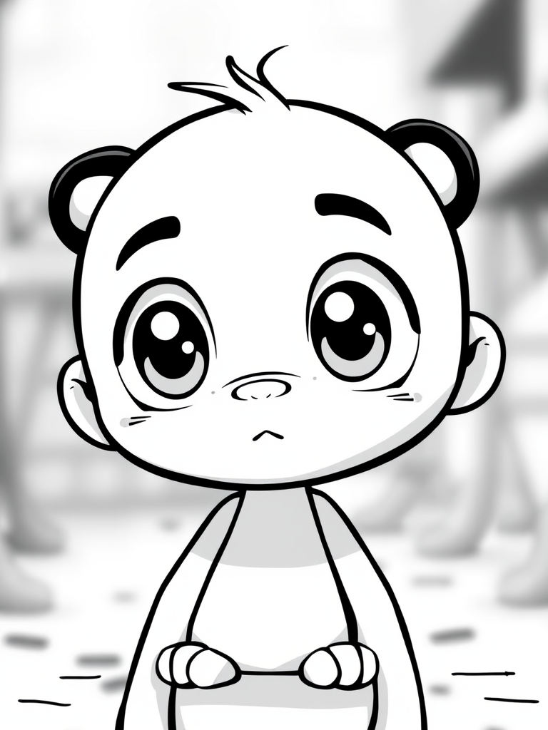 Create a high-resolution black and white illustration of a cartoon character with large expressive eyes and a simplistic design, using a DSLR camera with a 50mm lens, aperture set to f/2.8, ISO 100, and a shallow depth of field to emphasize the character against a blurred background.