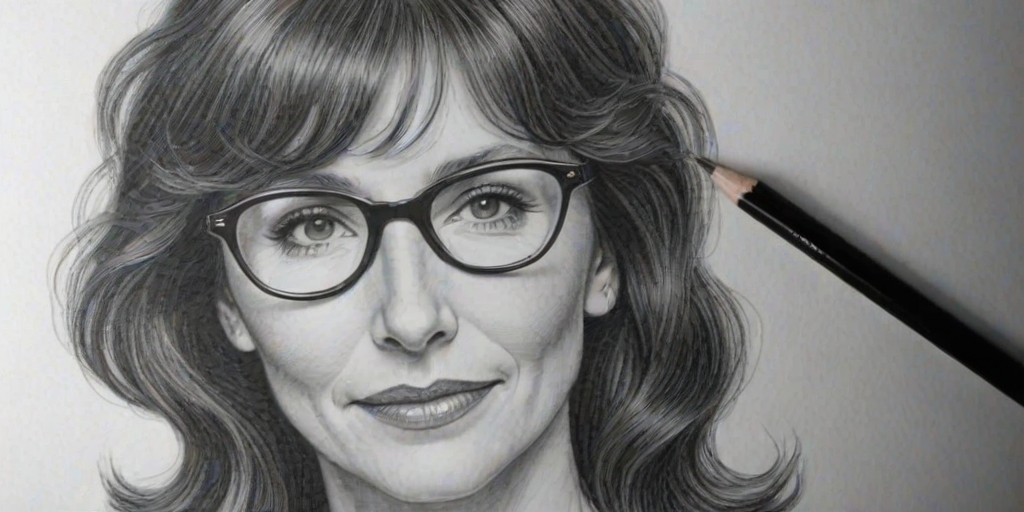 Fascinating Mary Steenburgen, pencil sketch, portrait of Resplendent woman 1971s in glasses, hair style beatnik, outline, clear lines, fine lines, 8k