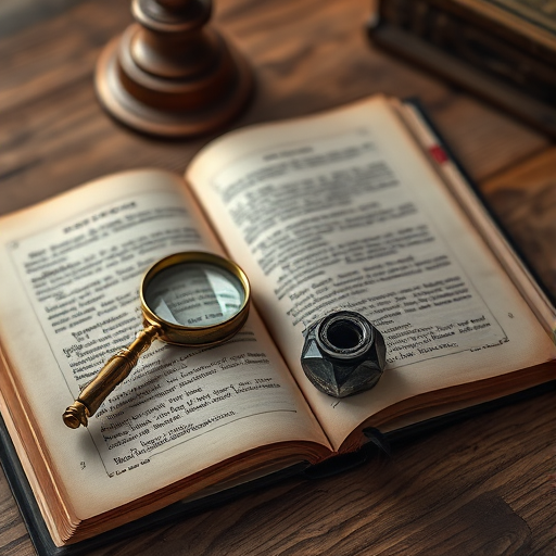 still life composition featuring an open antique book with a vintage magnifying glass and an inkwell, warm ambient lighting, shallow depth of field, shot with a Canon EOS R5, 50mm lens at f/1.8, ISO 200, 1/60 sec, top-down view for rich textures and details.
