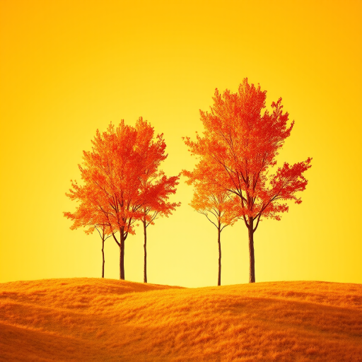 Generate a vibrant autumn landscape with four stylized orange trees against a yellow backdrop, featuring a soft gradient for the sky, using a DSLR camera with a 50mm lens, f/1.8 aperture, ISO 100, shot at golden hour for enhanced warm tones and clarity.
