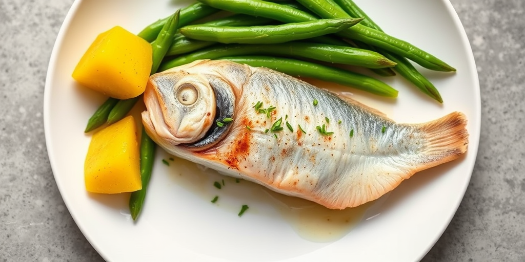 capture a vibrant dish of fish with green beans and yellow potatoes on a white plate, 50mm lens, f/2.8 aperture, ISO 100, natural light, top view