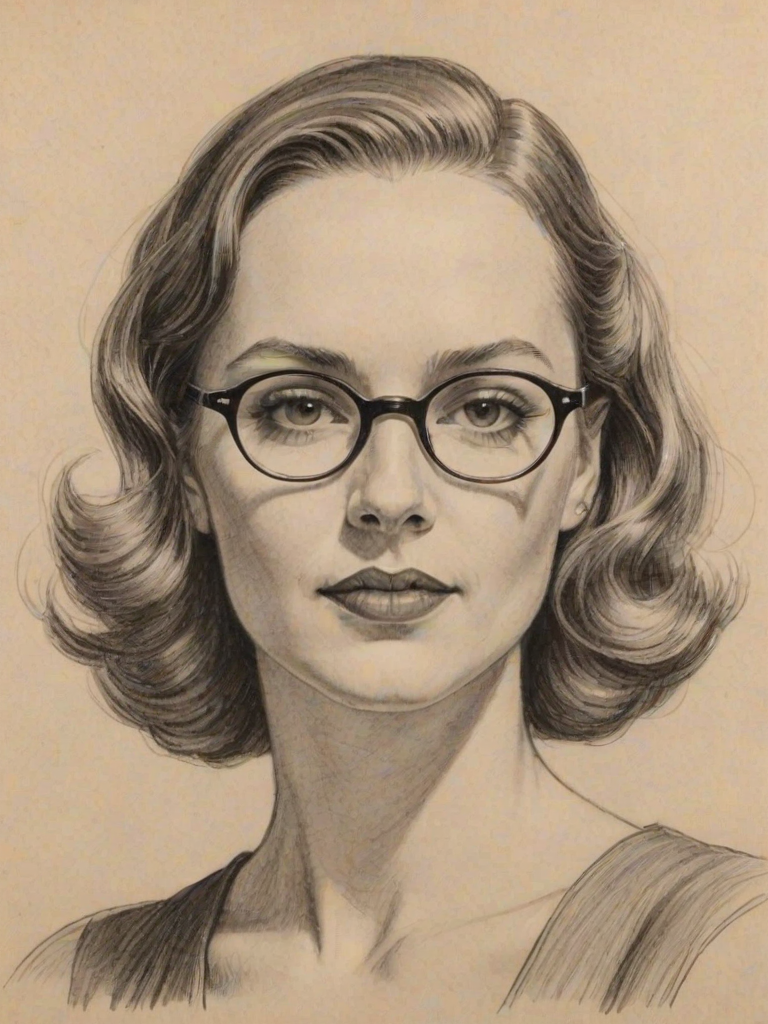 Wonderful Amanda Fuller, pencil sketch, portrait of Bewitching woman 1935s in glasses, hair style beatnik, outline, clear lines, fine lines, 8k