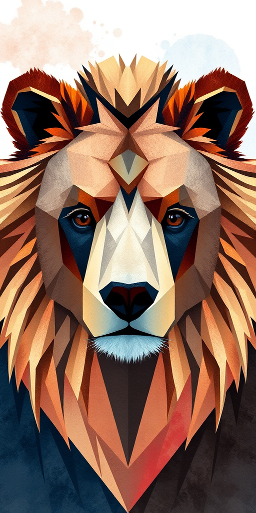 Create a high-resolution geometric bear illustration with a lion's mane, featuring soft watercolor background details, captured with a DSLR camera at f/1.8 aperture, ISO 200, 50mm lens, in natural light for enhanced contrast and clarity.