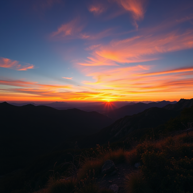 Capture a high-resolution image of a sunset over a mountain range, using a DSLR camera, 50mm lens, aperture of f/2.8, shutter speed of 1/125s, and ISO 100, with a wide-angle view to enhance depth and vibrancy in the colors.