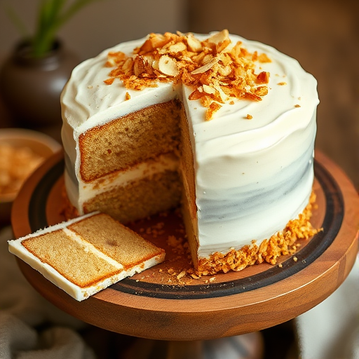 Create an image of a delicious cake with a smooth white frosting topped with toasted coconut flakes and chopped nuts on a wooden cake stand. Show a slice of the cake cut out, revealing its moist layers inside. The setting should have a warm and inviting atmosphere, emphasizing the cake as the focal point.